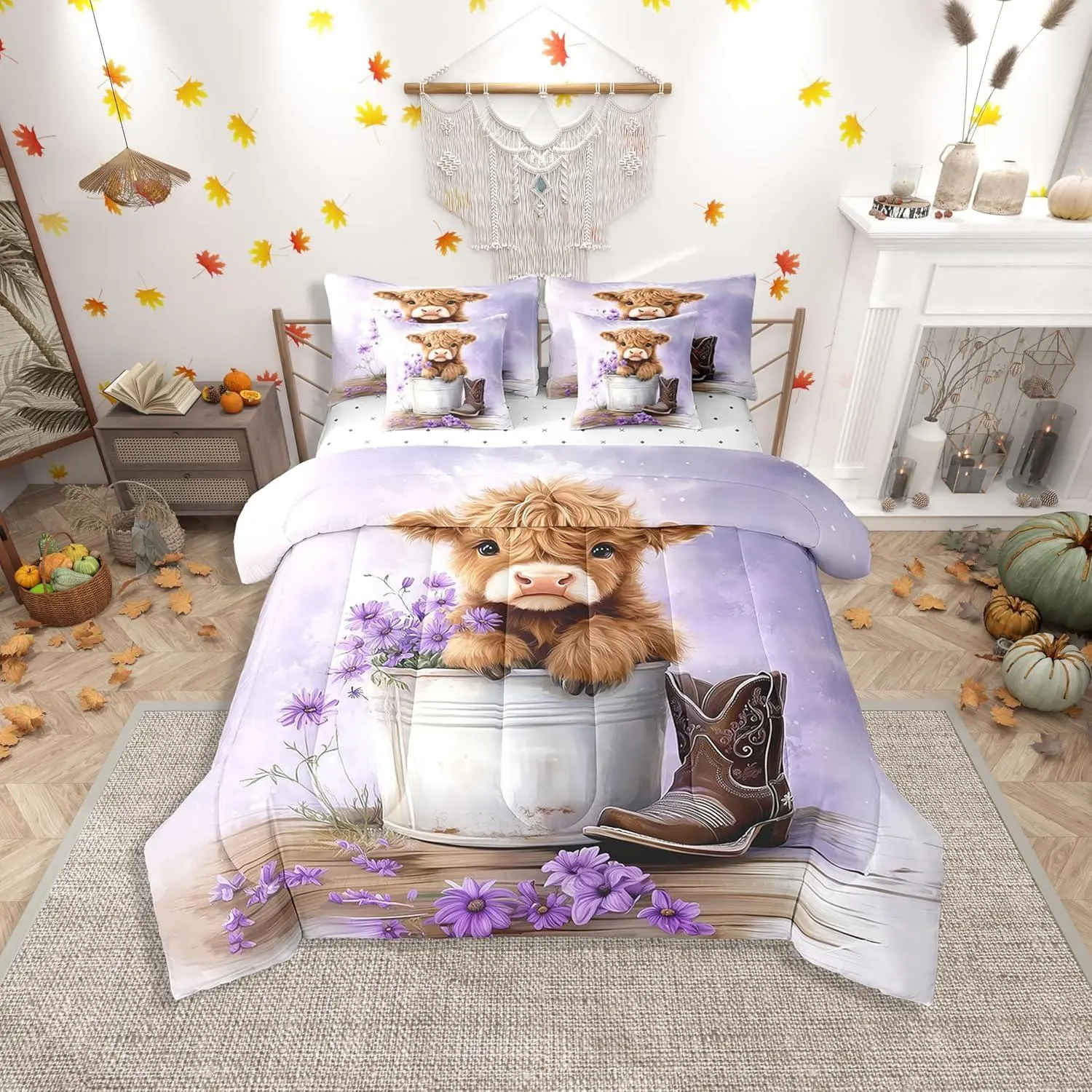 Feelyou Boys' 7-Piece Animals Themed Bedding Set - Cartoon Cow, Daisy Floral & Wood Boots Design, Rustic Purple White Bed-in-A-Bag with Soft Comforter, Breathable Durable Cloth, Multi-Size Option, Cozy Setup (Bedding Sets Collections), Floral Bedding