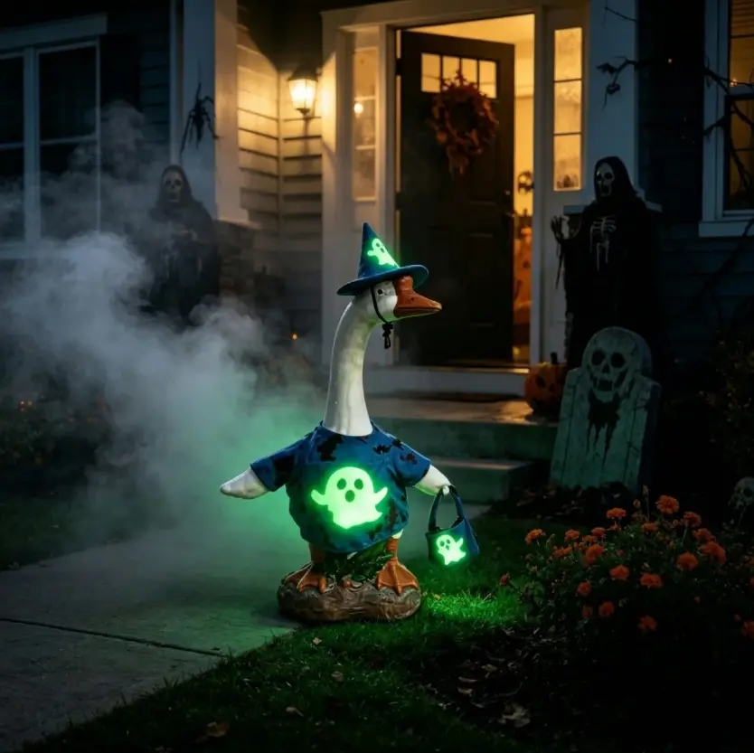 Halloween Goose Costume for 23 Inch Porch Goose Statue, 2-Piece Glow-in-the-Dark Ghost Outfit with Witch Hat and Bat Print Shirt with Attached Treat Bag, Garden Goose Clothes for Porch, Yard and Lawn Decor Set Magical Spooky Strap