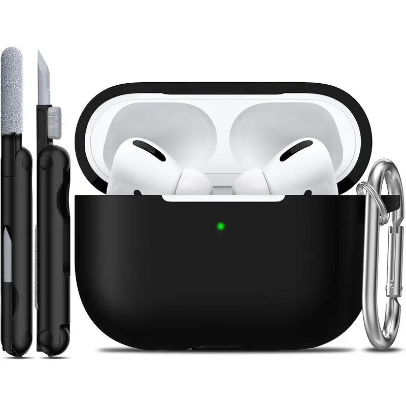 Soft Silicone Protective Case for AirPods Pro 1st/2nd Generation - Audio Accessory with Protector, Headset Cleaner Kit, Keychain, Black Accessories for Men, Fits iOS