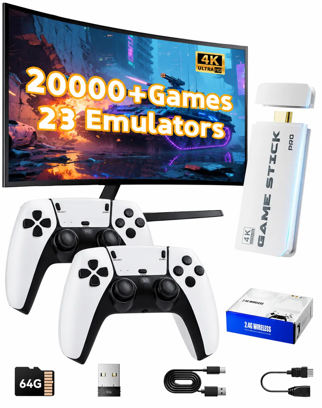 2026 New Video Retro Game Controller Console with 20000+ TV Games & 23 Emulators,2Ergonomic Wireless Controllers,64GB TF Card,4K HDMI Output, Perfect for All Ages, Button Stick
