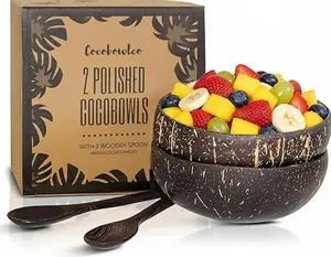 Coconut Bowl Set with Spoons – Natural Eco-Friendly Acai & Smoothie Bowls, 2 Pack Polished Coconut Shell Bowls for Yogurt, Snacks, Ninja Creami & Aesthetic Gifts