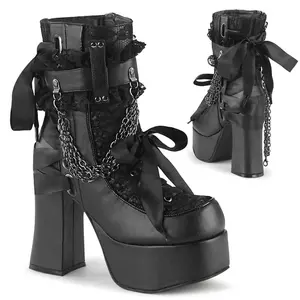 Demonia Charade-110 Round Toe Cuban Heel Satin Lace-Up Ankle Boots with Ruffled Strap
