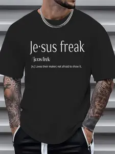 100% Cotton Jesus Freak Funny Christian Calligraphy Faith In God T-Shirt, Western Outfits Shirts Men's Graphic Tees Top