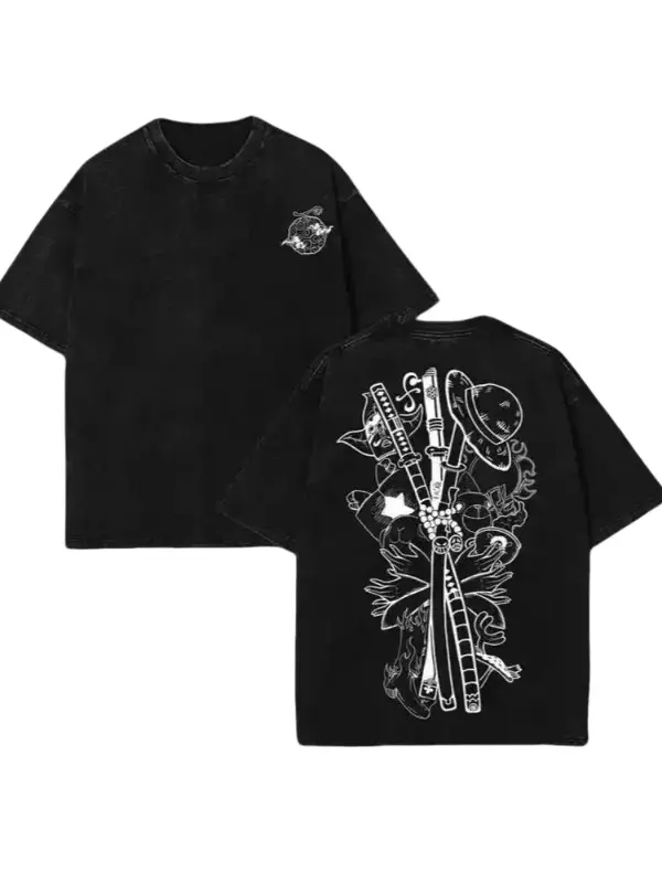 Menswear Short-Sleeve Oversized Vintage Washed Heavyweight Cotton Luffy Graphic T-Shirt - Anime Japanese Manga Pirate King Tops, Unisex Harajuku Y2K Samurai Sword Streetwear Summer Fashion Gift,Unisex Harajuku Y2K Samurai Sword Streetwear Tops