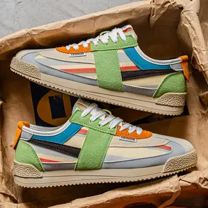 CORASUN Men's Retro Leather and Mesh Spliced Casual Sneakers, Breathable Lightweight Walking Shoes for Office, School and Daily Travel, White/Blue