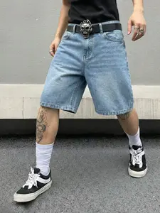 Men's Street Style Loose Denim Jean Shorts with Retro Vintage Grunge Rock Y2K Aesthetic Style, Streetwear, Suitable for Street Leisure Summer Outfit, perfect as a gift