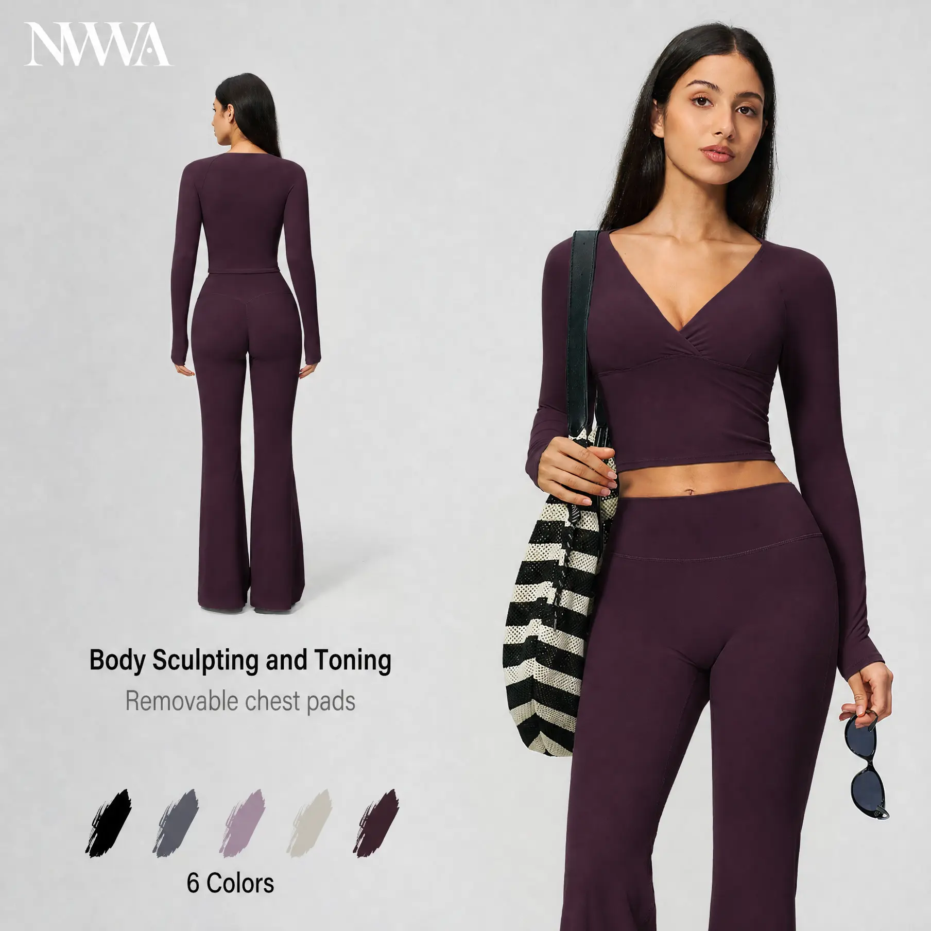 NVWA Women's 2-Piece Active Sportswear Set - V-Neck Long Sleeve Crop Top & High Waist Below Ankle Flare Leggings, Soft Breathable Quick-Dry Stretchy Body Sculpting Tummy Control Athleisure Co-Ord for Yoga, Gym, Women's Clothes Workout Sets, Two Piece Set,