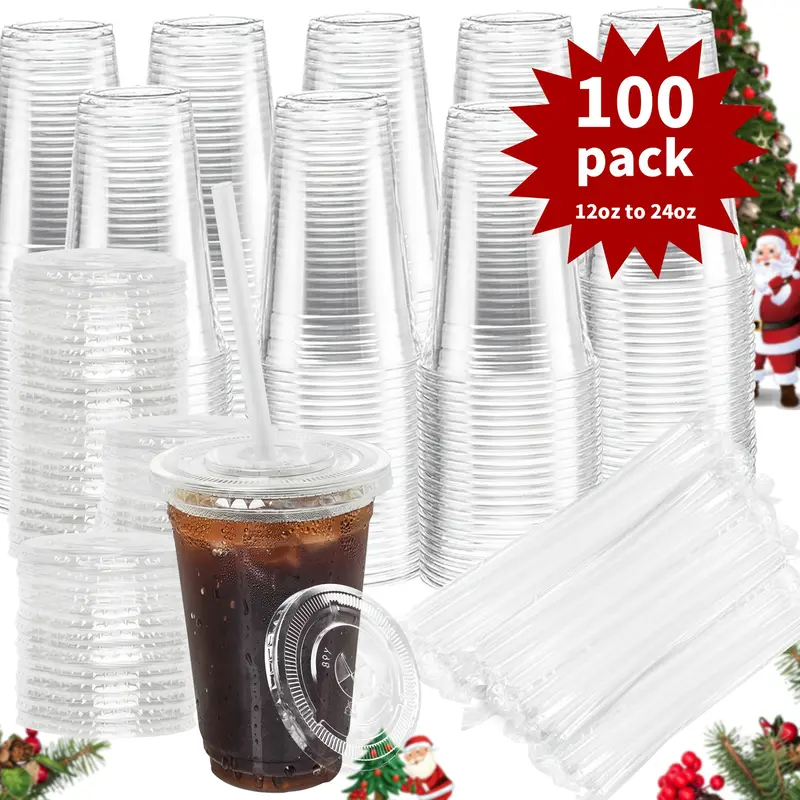 100-Pack Disposable Cold Drink Cups with Lids and Straws Transparent Plastic Cups 12oz to 24oz Sturdy BPA-Free for Parties Picnics Barbecues and Travel