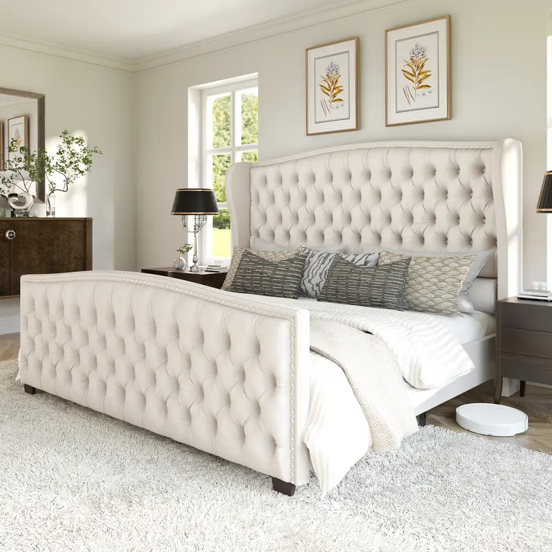 VanAcc Luxury Bed Frame, Velvet Upholstered Bed with Deep Button Tufted Design& Nailhead Trim Wingback Headboard, Unique Bedroom Furniture, No Box Spring Needed/Durability/KING/QUEEN #TikTokShopFallDealsForYou