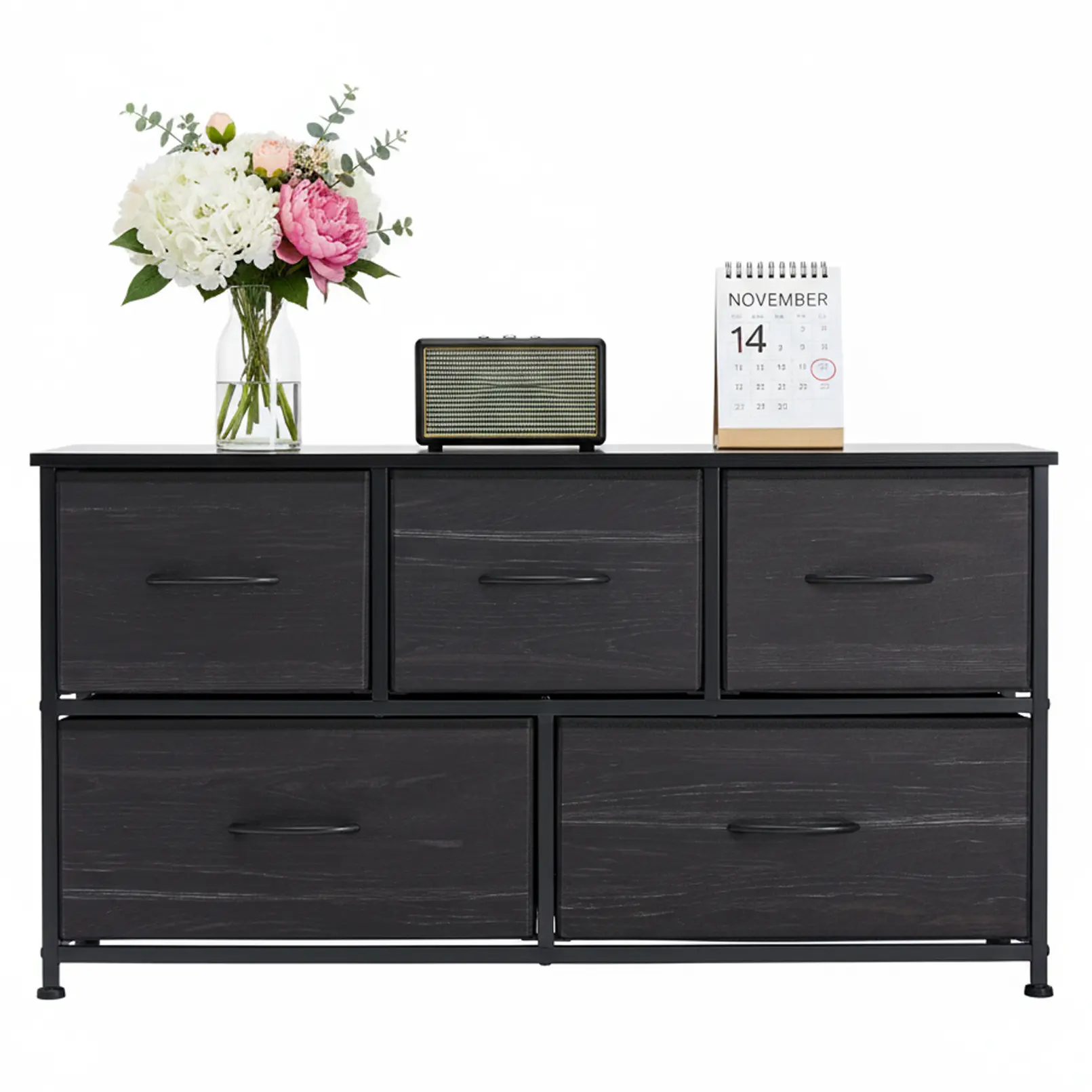 5-Drawer Fabric Dresser - Solid Oak Wood Top, Steel Frame, Metal Base, Modern Foldable Drawers, Breathable Easy-Care Fabric, Durable Multi-Functional Storage Unit, 39.4inL×11.8inW×21.5inH, Easy Install (Assembly Required) for Living Room, Nursery