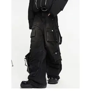 Men’s trendy high-street retro vintage multi-pocket workwear jeans; heavyweight washed denim; niche straight-leg stacked pants; gothic hip-hop loose and versatile high-waisted wide-leg mop pants; workwear pants