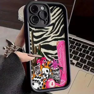Phone case: Zebra-print phone case, featuring vintage cowboy boots and playful dice design, suitable for iPhone 17/16/15/14/13/12 and 11 Pro and Samsung Galaxy S25 S24 S23 FE S22 models, shockproof and anti-drop phone case, perfect as a minimalist gift