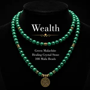 8mm Green Malachite Healing Crystal Stone 108 Mala Beads Money Necklace Long Beaded Wrap Bracelets Genuine Gemstone Mala Prayer Beads Lotus Buddha Charm Yoga Meditation Necklace Jewelry Necklace for Ideal Gift , Elegant  Lotus Pendant,  Ramadan.Long Chain