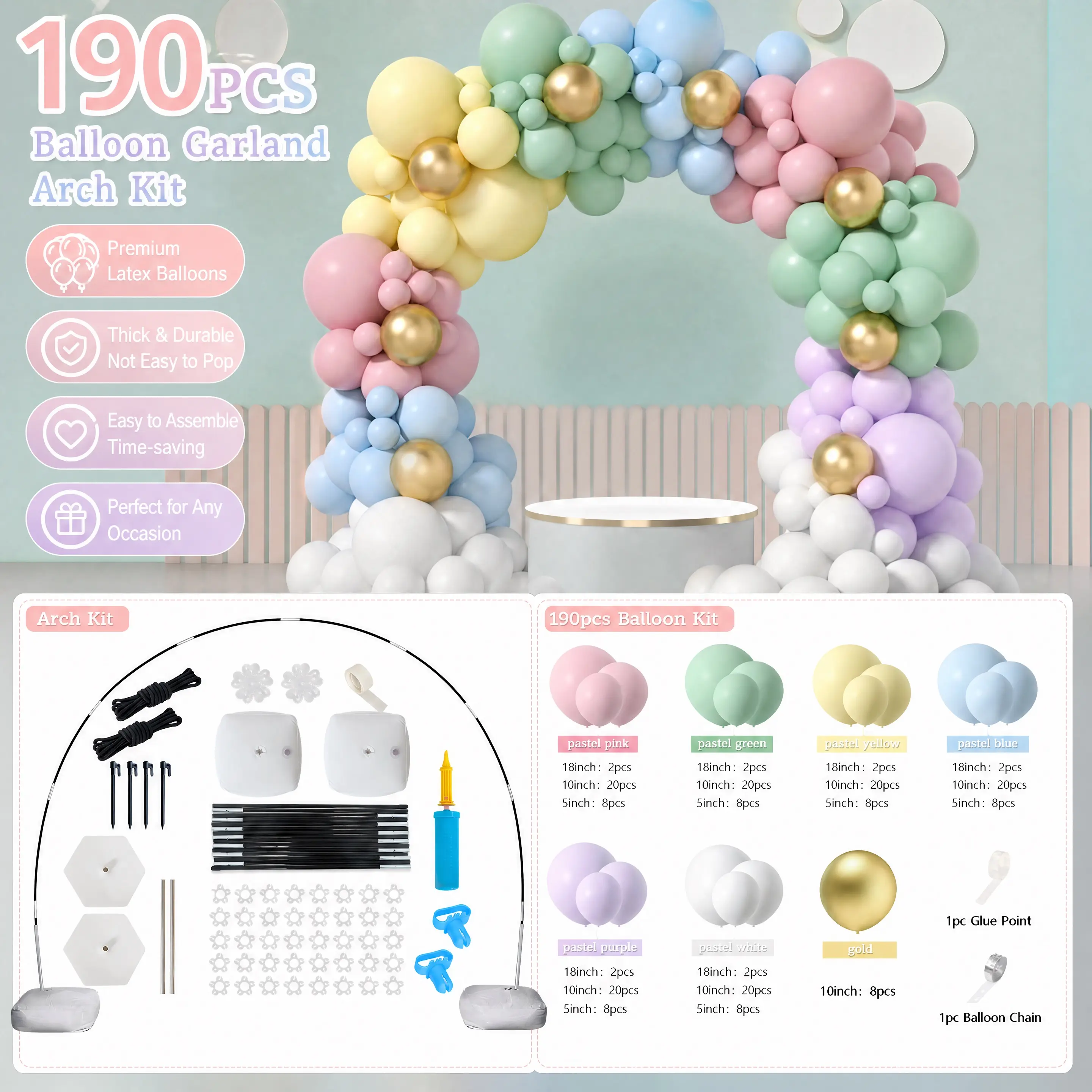 Balloon Arch Kit with Complete Stand & Accessories, DIY Balloon Garland Set, 4 Color Options Reusable Balloon Frame Decorations for Birthday, Wedding, Baby Shower, Party Balloon Arches Decorations Metallic