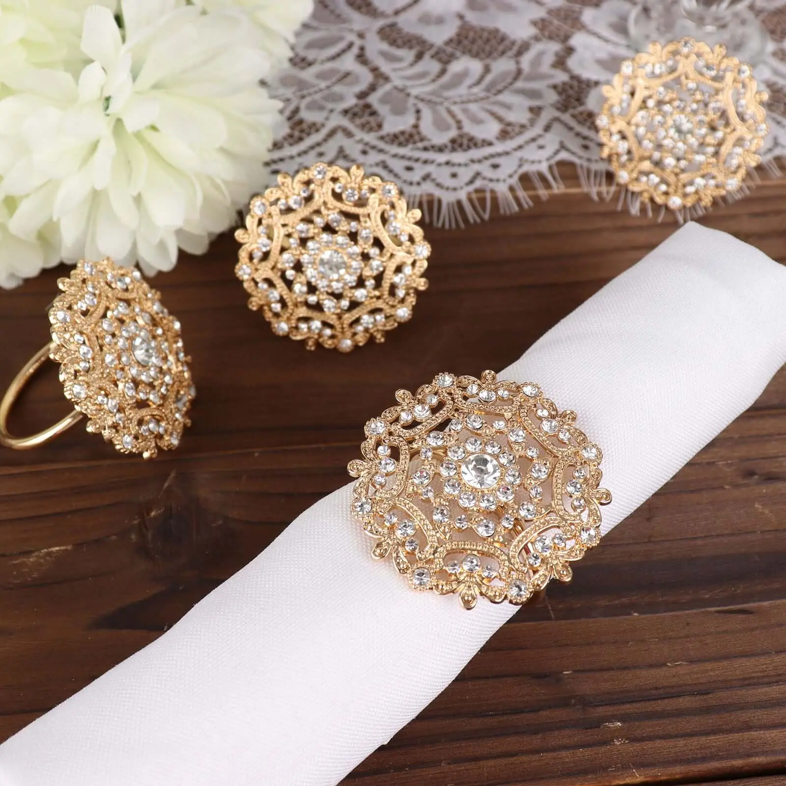 4-Pack Diamond Rhinestone Gold Metal Floral Shape Napkin Rings - Kitchen Tea Table Decorative Buckle Holders for Special Events
