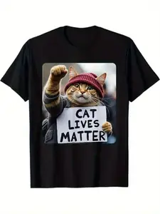 Summer t Shirts Funny Cat Graphic Cotton T-Shirt for Men - Breathable, Stretchy Crew Neck Tee with Geometric Design, Perfect for All Seasons Casual Tshirt