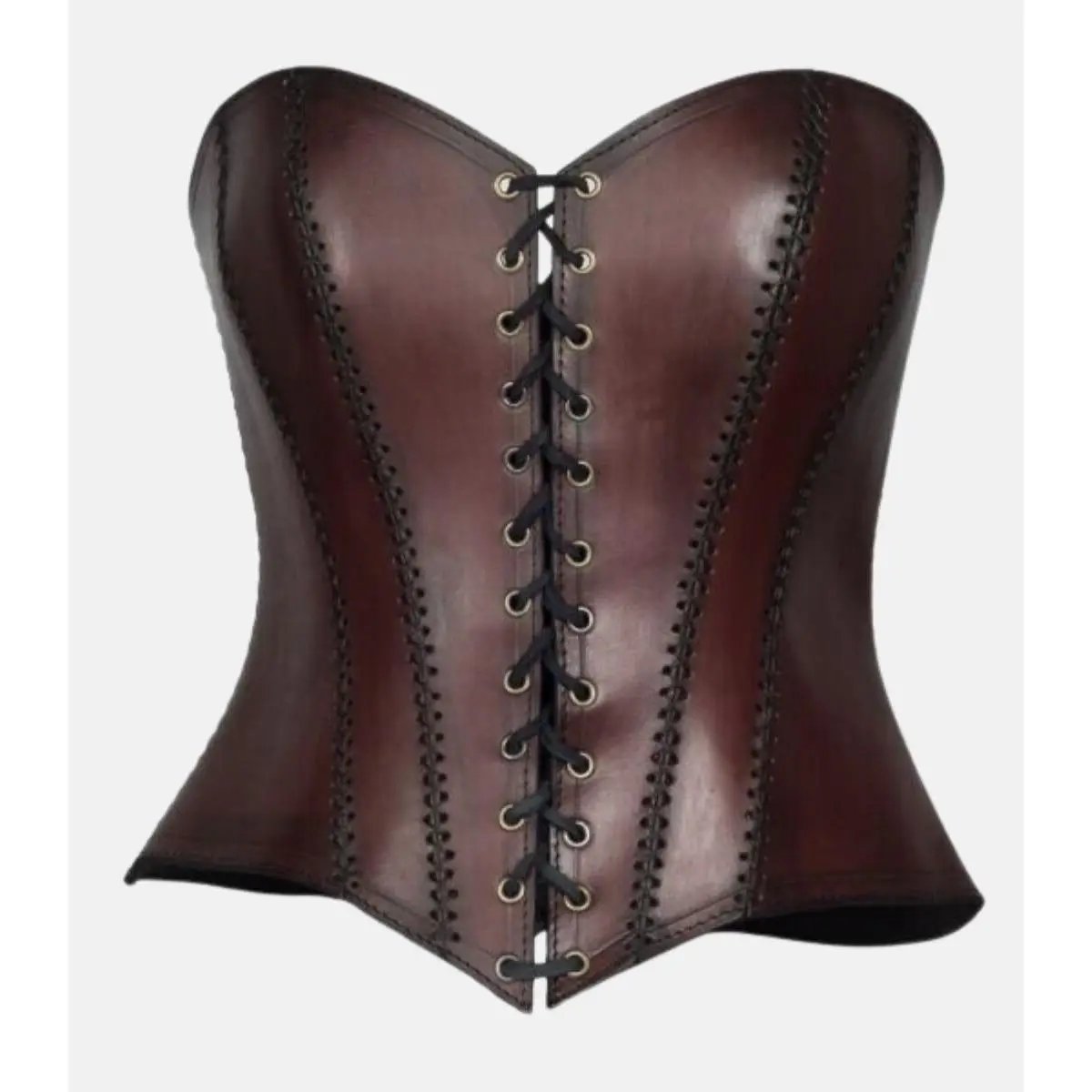 Women Antique Brown Leather Corset with Back Strap Closure
