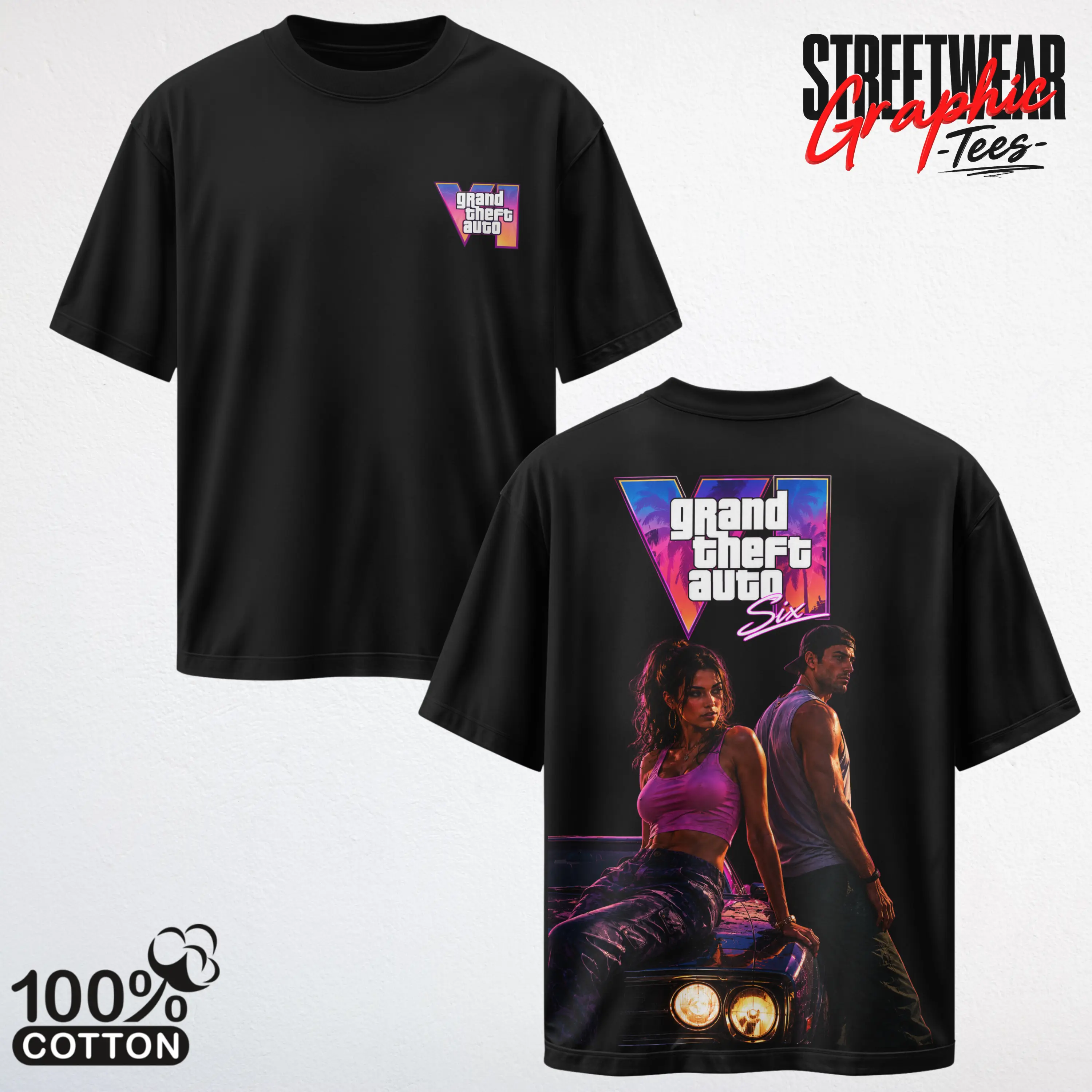 Grand Theft Auto VI 2026 Gaming V3 Graphic T-Shirt, Vice City Shirt Open World Crime Adventure Game Streetwear – Y2K Unisex Two Side Graphic Tee, Top Trendy Streetwear Gift For Gamer Fans