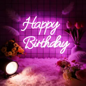 Happy Birthday neon light, pink luminous, atmosphere, adjustable brightness, suitable for babies, children, New Year's birthday double decorative lights, birthday party arrangement/New Year's family party decoration/home birthday atmosphere dressing