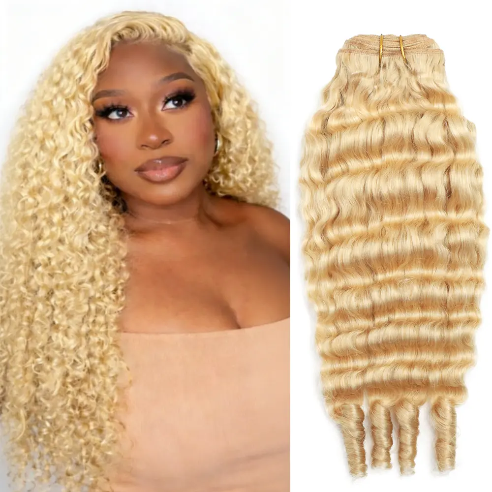 613 Deep Wave Bundles Human Hair Water Wave 613 Honey Blonde 20 Inches 3C4A Quick Weave Extensions for Women 100% Unprocessed Burmese Curly Virgin Hair Extra Thickness Easy Application