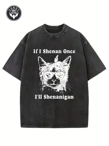 Men's Heavyweight 230gsm 100% Cotton Vintage Irish Phrase T-Shirt - Oversized Relaxed Fit Retro Streetwear Tee with "If I Shenan Once I'll Shenanigan" Print, Irish Blessing Design & Casual Short Sleeve Shirt
