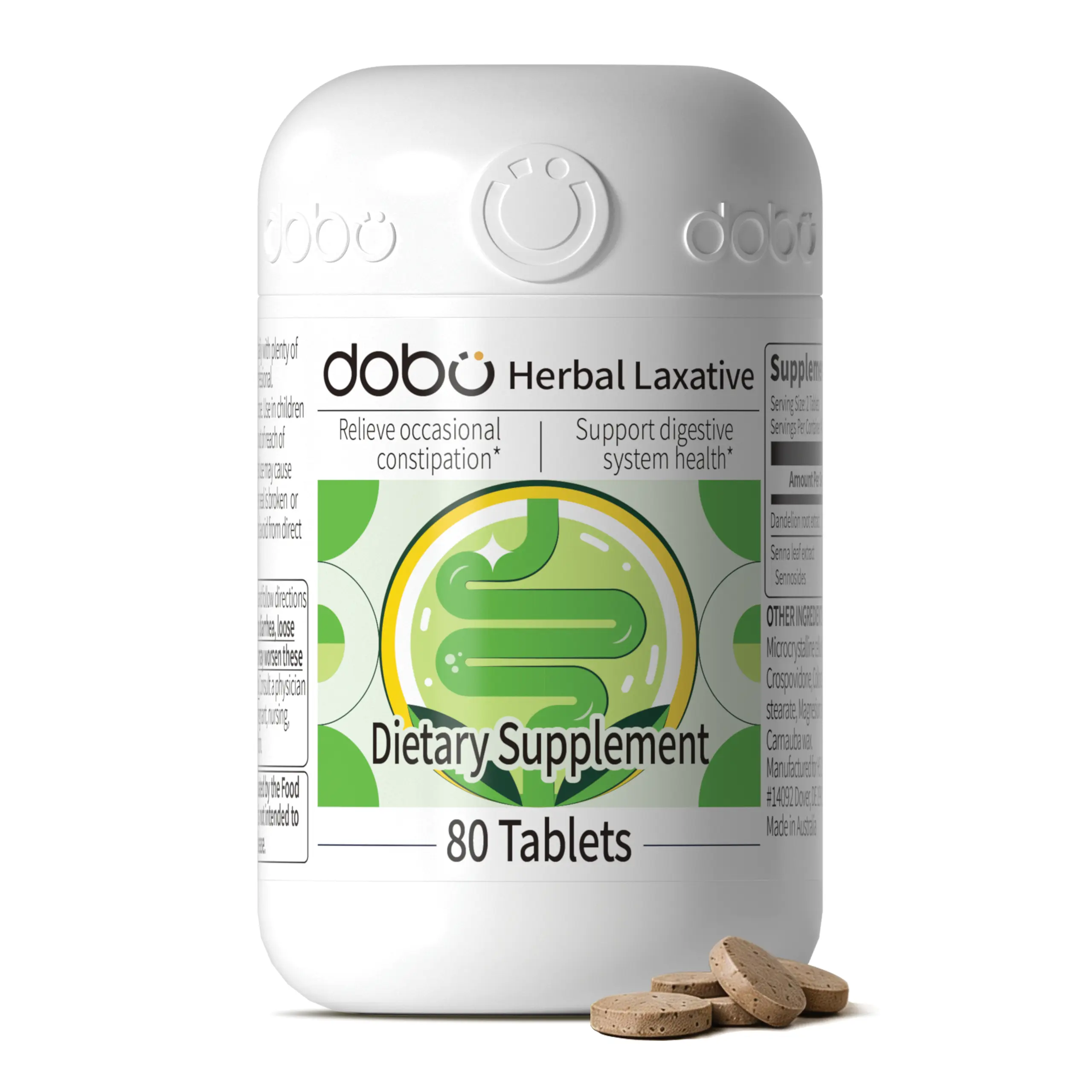 dobo Herbal Laxative Tablets for Constipation Relief & Gentle Herbal Stool Softener with Overnight Relief, 100% Plant-Based Senna Leaf & Dietary Fibers, 80 Tablets