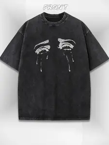 Men's T-shirt 230G pure cotton retro washed T-shirt, tear eye art pattern washed short-sleeved T-shirt, using old soft and skin-friendly fabric, slightly elastic, comfortable round neck design, casual fresh and breathable