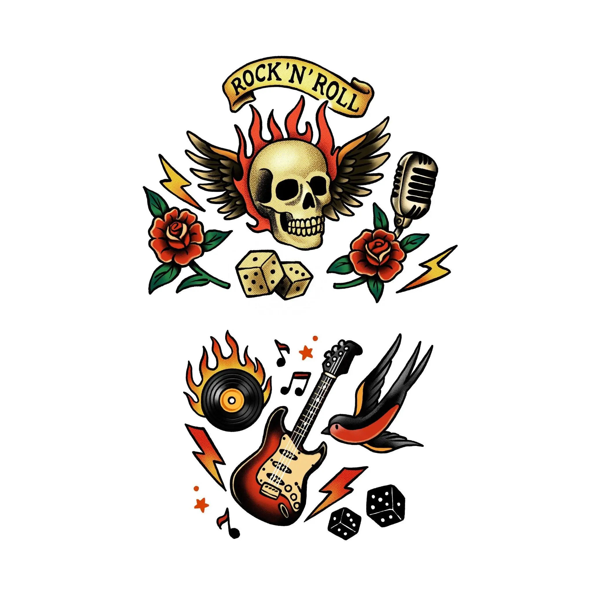 Rock and Roll Full Arm Temporary Tattoo Sleeve for Kids - Let's Rock! Fake Tattoo