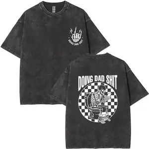 Men's Vintage Washed Cotton Graphic T-Shirt, Oversized Crew Neck Short Sleeve Tee with Front and Back Funny Dad Skeleton Print