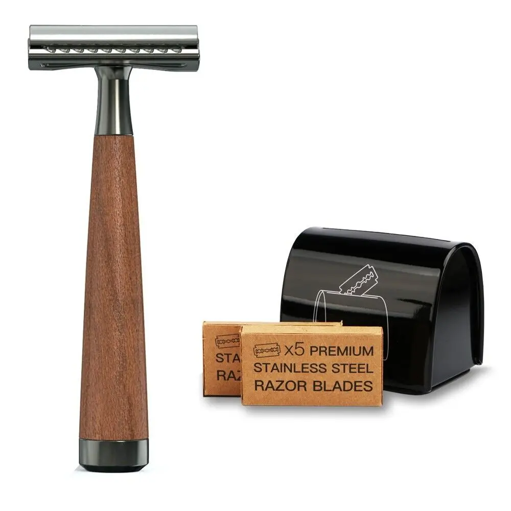 ECO FRIENDLY NO PLASTIC FAUX WOOD HANDLE DOUBLE EDGE SAFETY RAZOR FOR MEN WOMEN (HIS/HER) 10 SHAVING BLADES & USED BLADES DISPOSAL BANK