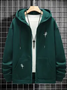 Men's Casual Fitted Drawstring Knit Hoodie Jacket, Star Print Zipper Sweatshirt Coat for Fall & Winter, Trendy Comfortable Fashion Outerwear