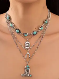 4 PCS Women Boho Style Multi-Layer Necklace Set, Western Denim Inspired Design, All-Season Wear, Vintage Turquoise Cow Skull Cactus Choker, Boho Style Jewelry, Layered Necklaces