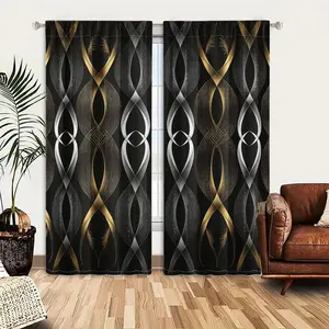 2pcs Window Curtains, Home Decoration Curtain, symmetrical pattern of intertwining gold and silver ribbons on a black background, forming abstract shapes with feathery accents, for Bedroom Living Room, Rod Pocket Window Treatment