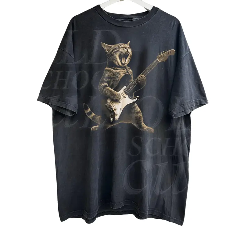 Funny Cat Guitar Graphic T-Shirt for Men Vintage Retro Casual Soft Cotton Short Sleeve Round Neck Tee - Handmade Cat Lover & Rocker Mens Gift
