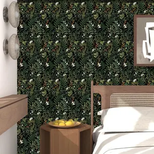 1 roll (44.5 * 100cm) wallpaper roll Decorative Wallpaper decoration paper winter home renovation decoration black background green plant pattern self-adhesive wallpaper decoration sticker DIY detachable wallpaper thickened waterproof, moisture-proof