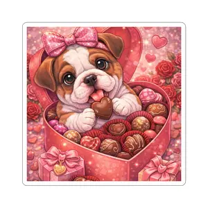 Valentine Puppy Chocolate Heart Sticker — Cute Bulldog in Heart Box Kiss-Cut Sticker