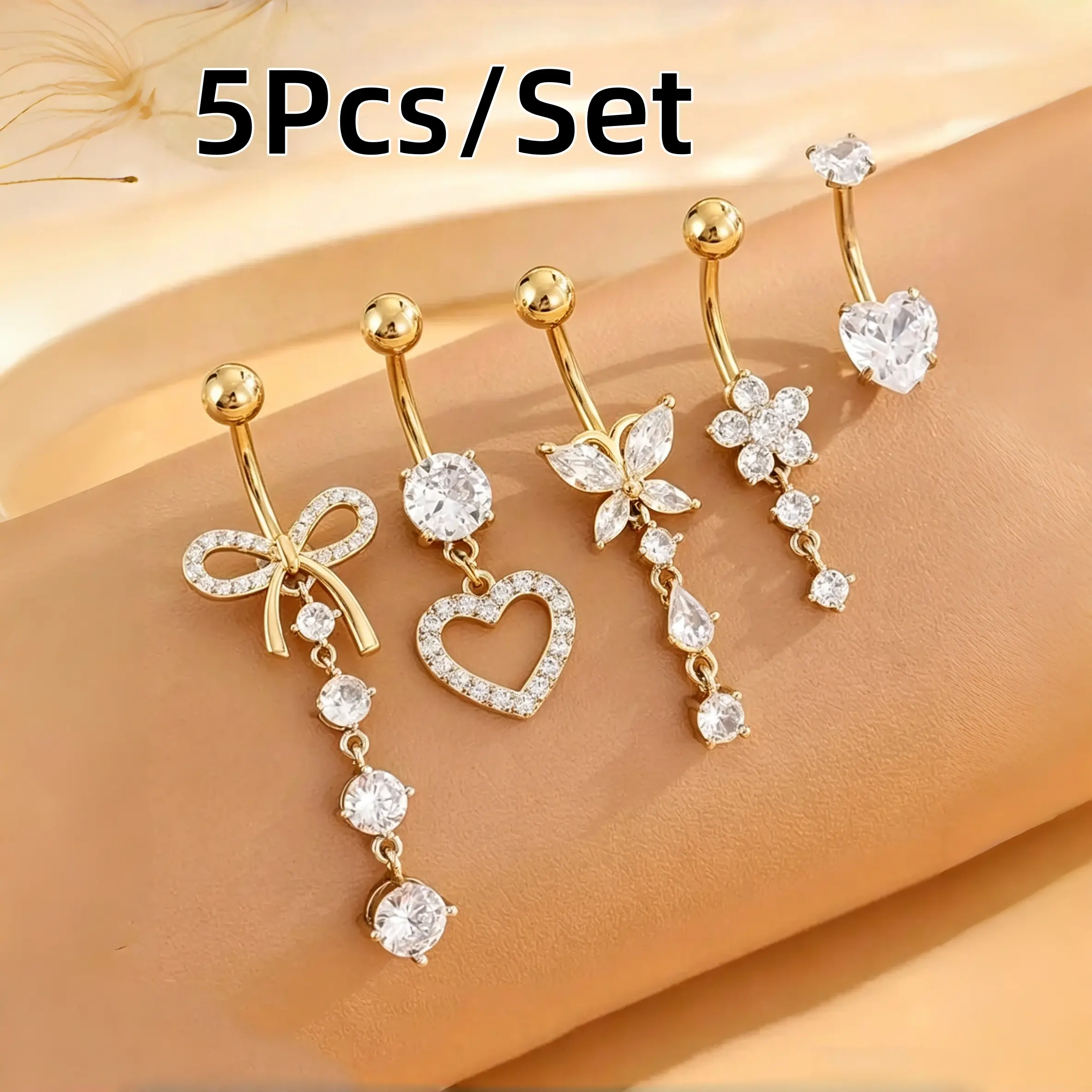 5Pcs/Set Rhinestone Decor Belly Button Rings, Cute Butterfly Flower & Love Heart Charm Belly Ring, Body Jewellery for Women & Girls Rarty or Daily Wear, Body Piercing Jewelry, Fashion Body Jewelry