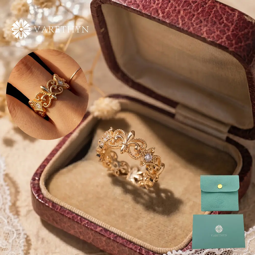 Sovereign Light Ring 14K Gold-plated Fleur-de-lis Iris Vintage Style Ring Vintage Filigree Statement Band 5A Cubic Zircon Jewelry for Women