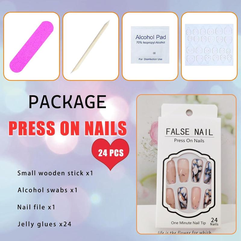 Coffin Press on Nails Medium Length Fake Nails Artificial False Nails with Blue Marble & Sequins Designs Glossy Acrylic Nails Nude Full Cover Glue on Nails for Women 24 Pcs TUZANDW