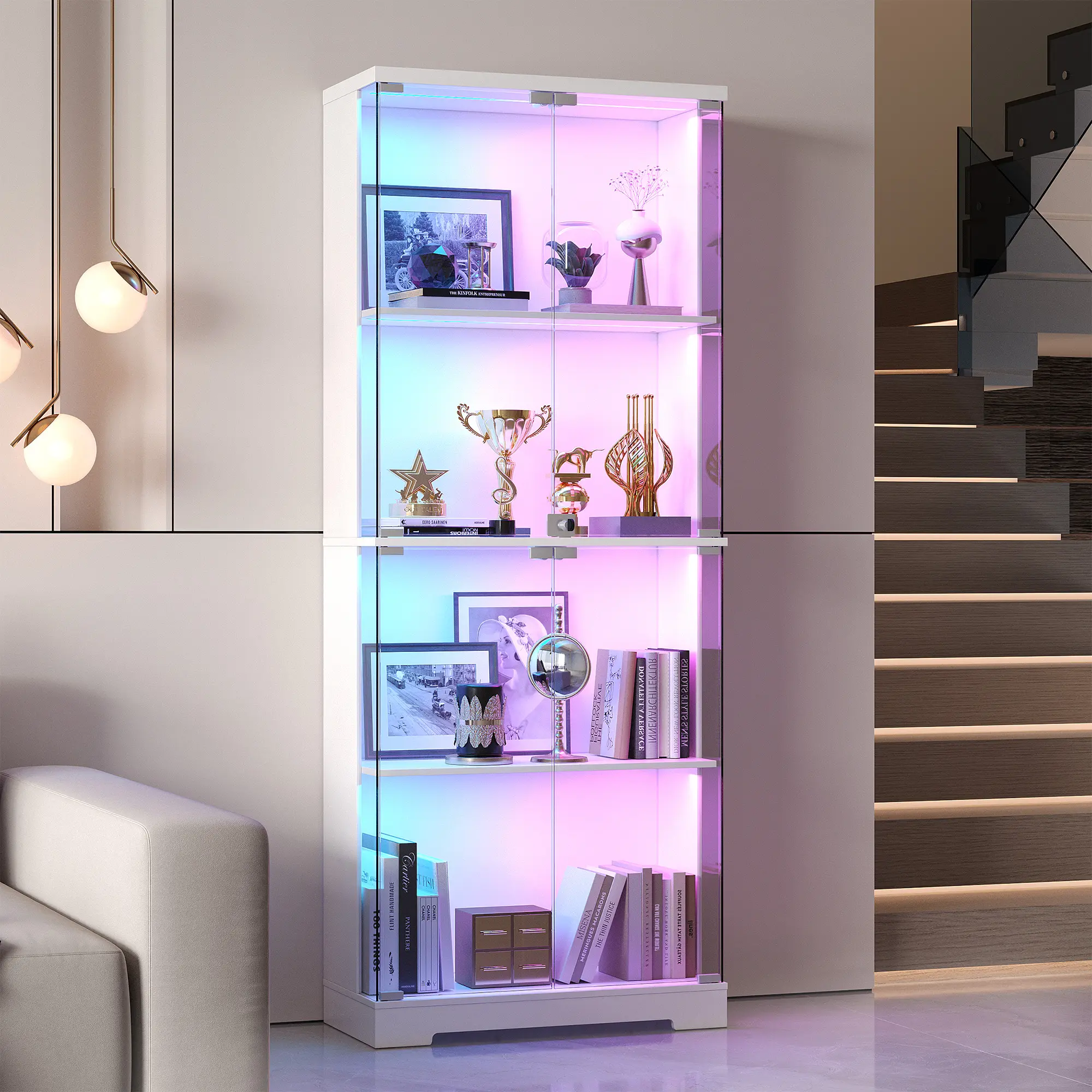 FREDEES 4-Tier RGB Glass Display Cabinet, Human Sensor LED Light, Lockable Glass Door, Large Storage, DIY Assembly, For Collectibles Anime Figures Toys Trophies Books