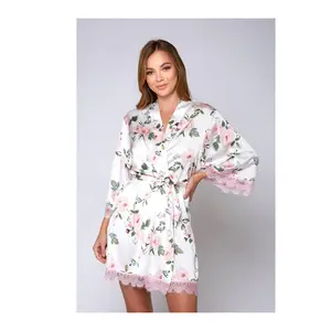 iCollection Rec ycled Satin Flo ral Print Robe w/ Lace Trim