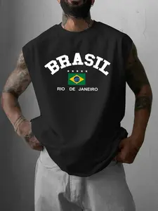Men's Brazil Flag Print Tank Top, Regular Fit Casual Street Sleeveless Top for Summer, Men's Top for Daily Wear Streetwear