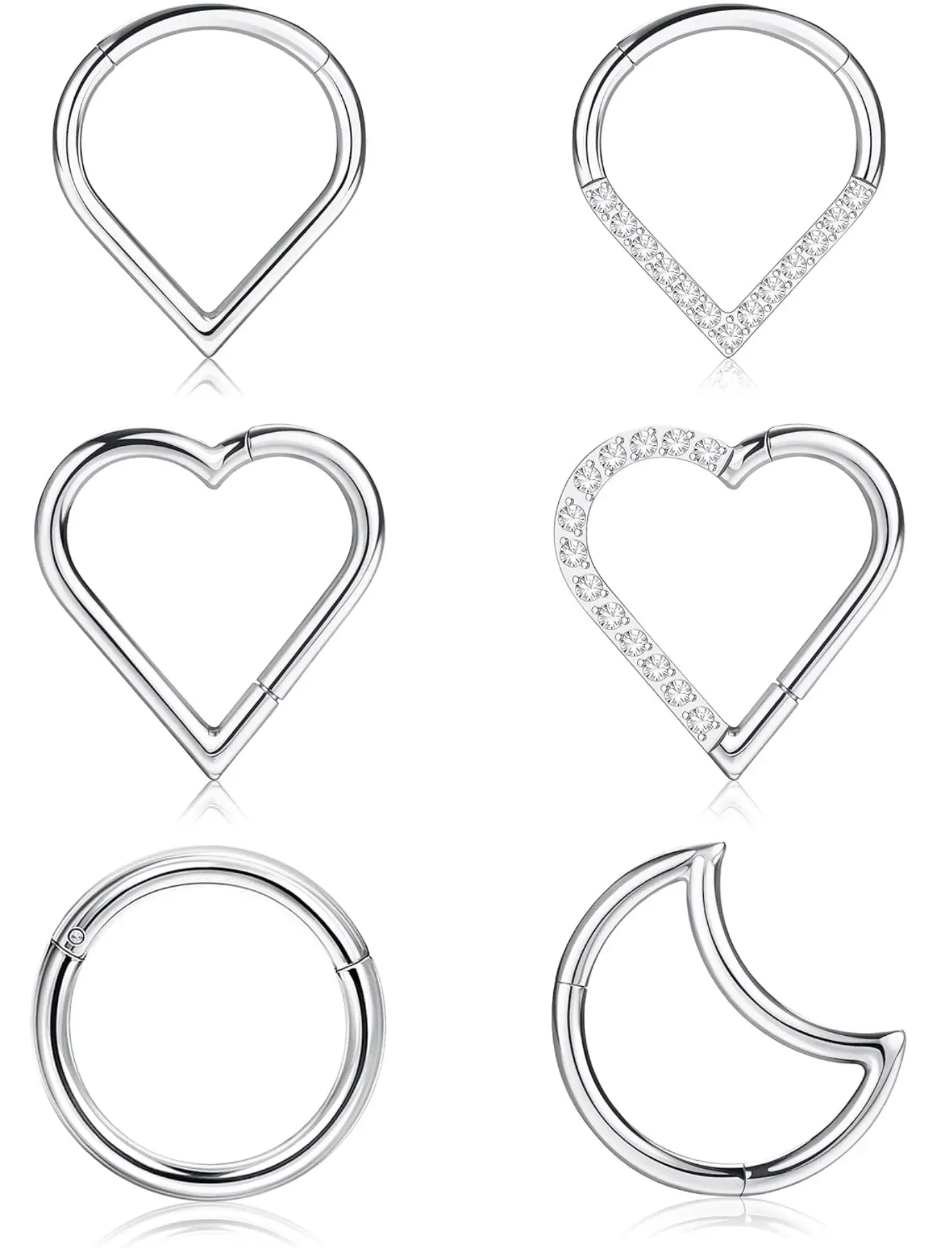 6Pcs Daith Body Piercing Jewelry Hypoallergenic Cartilage Nose Conch Tragus Helix Hoop Piercing Jewelry Surgical Steel CZ Moon Heart Teardrop Clicker Septum Rings 16G