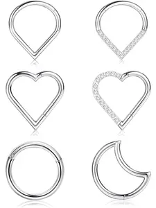 6Pcs Daith Piercing Jewelry Hypoallergenic Cartilage Nose Conch Tragus Helix Hoop Piercing Jewelry Surgical Steel CZ Moon Heart Teardrop Clicker Septum Rings 16G