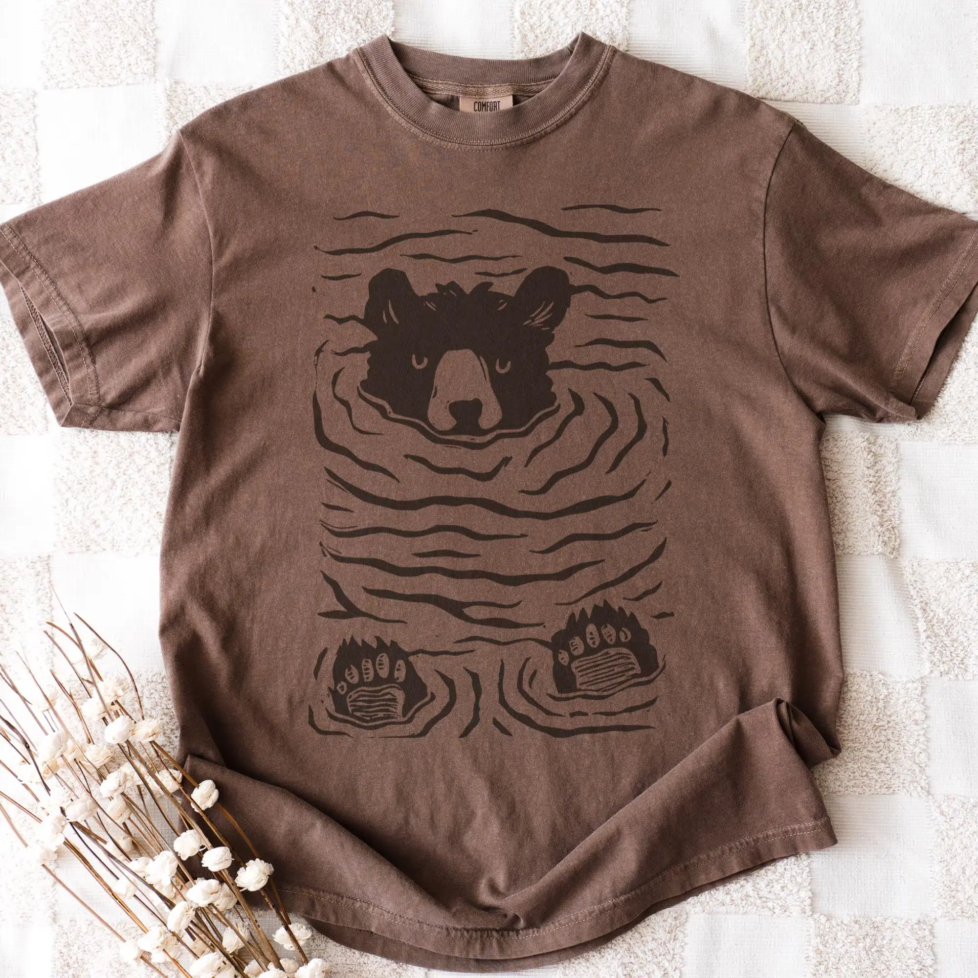 Comfort Colors Minimalist Linocut Bear Graphic Tee - Pastel Nature Art