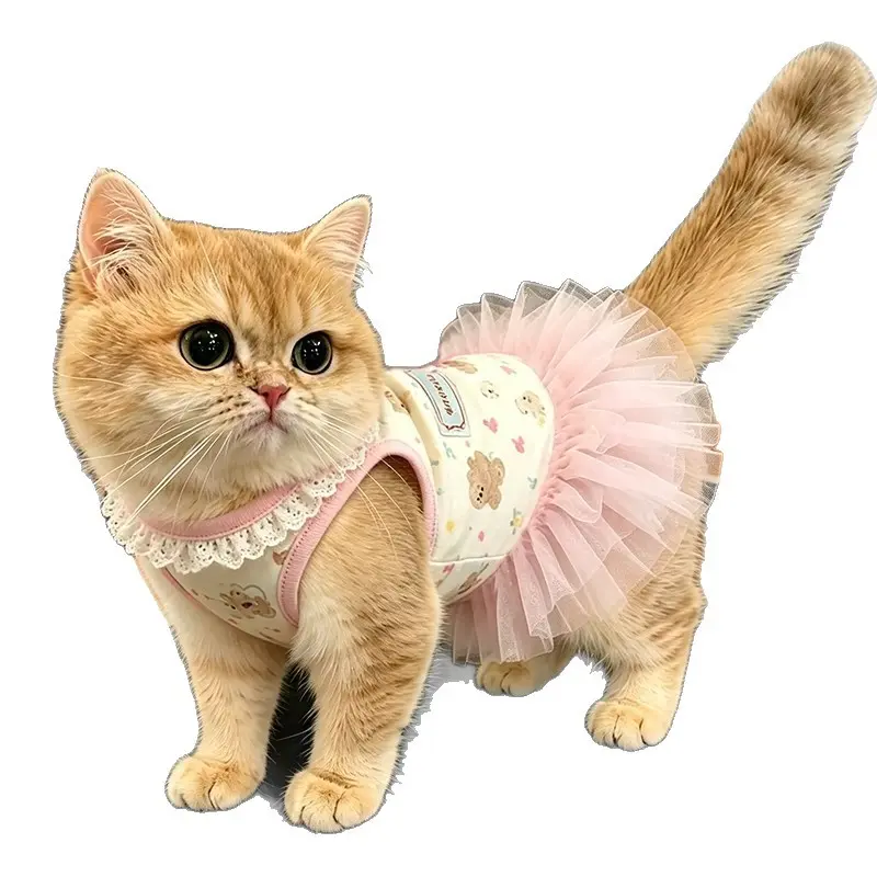 Cat Princess Style Costume - Pink, Butterfly Lace, Ruffled, Summer Pet Dress