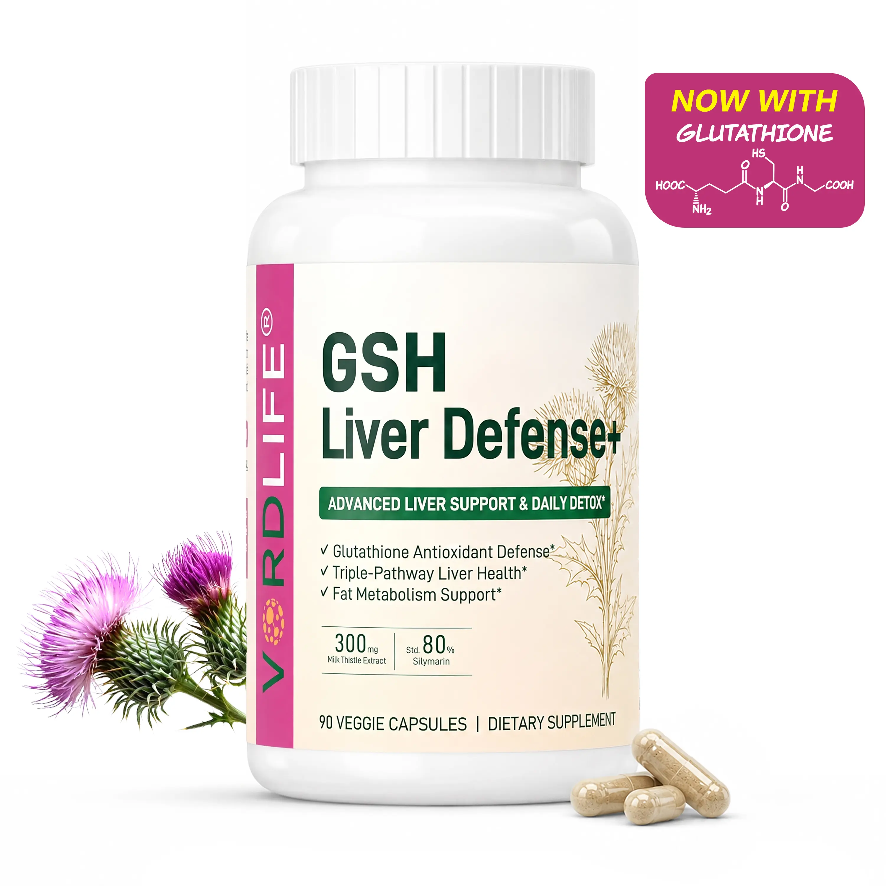 VORDLIFE GSH Liver Defense+ Liver Support Supplement with Milk Thistle, Glutathione, Choline & Alpha Lipoic Acid | Daily Liver Detox Support, Antioxidant Formula, Supports Healthy Fat Metabolism | 90 Capsules