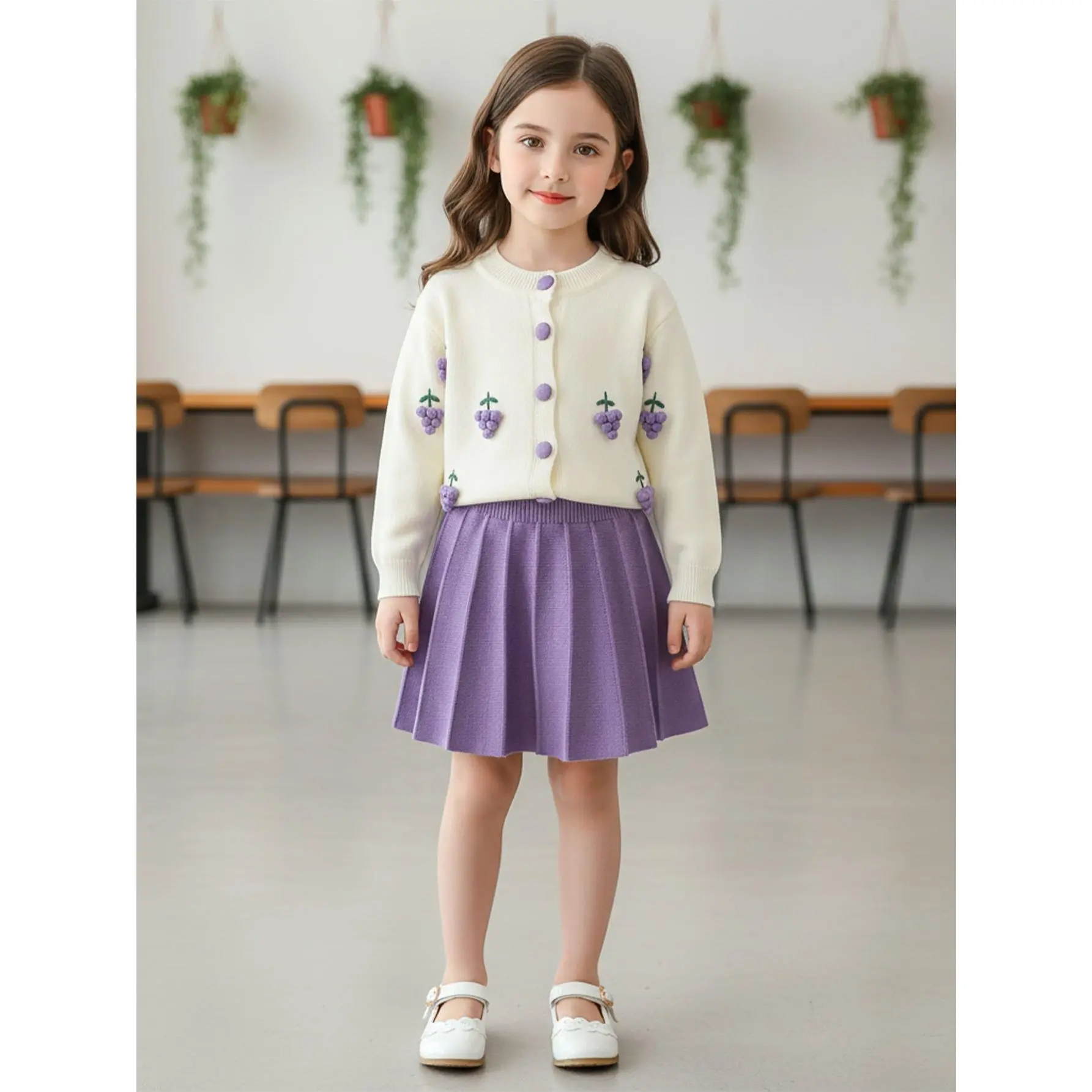 (New)New girls' grape 3D embroidery knit set: off-white cardigan + purple pleated skirt, sweet and cute children's spring and autumn two-piece set
