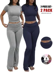 2026 Spring Summer Women's 2 Piece Outfit, Short Sleeve Crew Neck Crop Top + Ruched High Waist Flare Pants, Soft Stretchy Bodycon Loungewear Set for Daily Wear & Going Out Womenswear Clothes