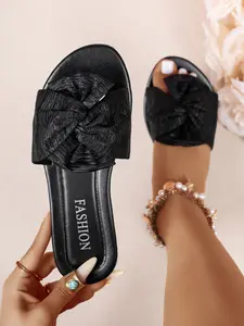 Women's Fashion Flat Sandals with Cute Bowknot, Plain Color, Casual Textile Shoes for Home, Outdoor, Vacation